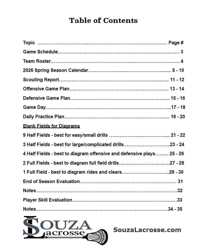 Lacrosse Season Planner Table of Contents